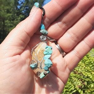 Southwest yellow crackle quartz, turquoise-howlite crystal necklace, handmade